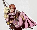  aelinore_(dragon's_dogma) arisen_(dragon's_dogma) arms_around_neck blonde_hair carrying closed_eyes dragon's_dogma dress flauschtraut imminent_kiss long_dress long_hair multiple_girls princess_carry red_hair yuri 