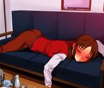  1girl alcohol ass blush bottle breast_press breasts brown_hair couch cup drunk eyes_closed glass gujira highres holly_(monster_farm) long_hair lying monster_farm on_stomach ponytail sake skirt sleeping small_breasts sofa solo table 