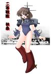  arm_warmers black_eyes boots brown_hair character_name fusou_(ironclad) gun ironclad open_mouth original personification photo_background propeller school_swimsuit ship short_hair solo swimsuit teke_hostler turret watercraft weapon 