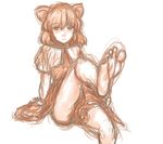  animal_ears arm_support barefoot blush capelet feet kuro_suto_sukii leg_up looking_at_viewer monochrome mouse_ears nazrin short_hair simple_background sitting sketch soles solo touhou 