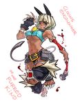  animal_ears bell bell_collar belt blonde_hair blue_eyes breasts claws collar dark_skin elegy gloves highres looking_at_viewer medium_breasts ms._fortune_(skullgirls) pun short_hair skullgirls solo tail underboob 