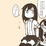  :d asashio_(kantai_collection) beige_background buttons chair comic flat_color glasses gloves kantai_collection looking_down looking_to_the_side monochrome motion_lines multiple_girls nns_(sobchan) ooyodo_(kantai_collection) open_mouth pleated_skirt school_uniform simple_background sitting skirt smile speech_bubble suspender_skirt suspenders thighhighs translated 