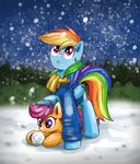  blue_fur cub equine female forest friendship_is_magic fur hair hat high-roller2108 horse jacket looking_up lying multi-colored_hair my_little_pony orange_fur outside pegasus pony purple_eyes purple_hair rainbow_dash_(mlp) rainbow_hair scarf scootaloo_(mlp) smile snow snowball snowing tree wings young 
