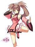  breasts brown_eyes brown_hair china_dress chinese_clothes dress fighting_stance guilty_gear kuradoberi_jam long_hair medium_breasts seo_tatsuya simple_background sketch smile solo standing standing_on_one_leg white_background wide_hips 