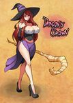  bare_legs bare_shoulders breasts cleavage copyright_name detached_sleeves dragon's_crown full_body hat high_heels highres huge_breasts jam-orbital lips long_hair long_skirt red_hair side_slit skirt slender_waist solo sorceress_(dragon's_crown) staff walking witch_hat yellow_eyes 