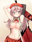  alisa_ilinichina_amiella armpits arms_behind_head black_gloves blue_eyes blush breasts cleavage gia_kon gloves god_eater god_eater_2:_rage_burst hat huge_weapon large_breasts long_hair lowleg lowleg_skirt navel no_bra open_clothes pleated_skirt single_glove skirt solo sword weapon 