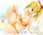  :d bandeau beach bikini blonde_hair blush breasts chikado cleavage crystal hair_ribbon long_hair looking_at_viewer marin_(umi_monogatari) medium_breasts navel ocean open_mouth orange_bikini partially_submerged ponytail ribbon smile solo swimsuit umi_monogatari water yellow_eyes 