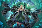  checkered dress elbow_gloves floating_hair gloves green_eyes green_hair hatsune_miku highres long_hair microphone open_mouth salmon88 solo thighhighs twintails vocaloid 