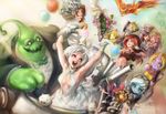  6+girls :3 ahri animal_ears armor balloon bare_shoulders blitzcrank blonde_hair blue_eyes blue_hair blue_skin blush bouquet bouquet_toss bow breasts bridal_veil bride broken broken_sword broken_weapon brown_eyes brown_hair caitlyn_(league_of_legends) cannon cleavage confetti dragon dress earrings eyepatch facial_mark fingerless_gloves flower formal fox_ears gauntlets gloves goggles goggles_on_head goo_guy green_eyes groom hat helmet highres horn jewelry katarina_du_couteau league_of_legends long_hair luxanna_crownguard medium_breasts midriff monster_boy multiple_girls navel nidalee nyoro~n open_mouth phantom_ix_row pink_hair pointy_ears ponytail poro_(league_of_legends) purple_skin red_eyes red_hair rengar riven_(league_of_legends) scar short_hair shoulder_pads shyvana slime smile soraka staff suit sword tattoo tribal tristana veil vi_(league_of_legends) weapon wedding wedding_dress white_hair yellow_eyes yordle zac 