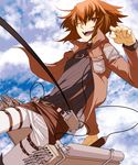  1boy a_mane bangs belt brown_eyes brown_hair cloud cosplay crossover highres jacket leg_strap looking_at_viewer male male_focus military military_uniform multicolored_hair open_mouth shingeki_no_kyojin sky smile solo strap three-dimensional_maneuver_gear two-tone_hair two-toned_hair uniform wink yoshitaro yu-gi-oh! yuu-gi-ou_gx yuuki_juudai 