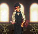  apron belt black_hair bow bowtie dress_shirt fate/zero fate_(series) hair_between_eyes hand_on_hip indoors lancer_(fate/zero) light_particles male_focus menu messy_hair mole mole_under_eye najisa red_eyes shirt sleeves_pushed_up smile solo sunlight tea_set tray vest waiter window 