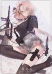  1girl anchovy_(artist) ass assault_rifle bullpup flower girls_frontline gloves gun hair_flower hair_ornament holster knife looking_at_viewer lying miniskirt plaid plaid_skirt rifle short_hair skirt smile solo steyr_aug steyr_aug_(girls_frontline) tagme thigh_holster thigh_strap thighhighs weapon yellow_eyes 