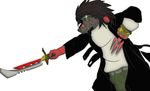  black_hair canine claws david_wolf facial_markings fur gauntlet glove green_eyes hair jacket johnovex male mammal markings original_character plain_background poxs red_fur red_highlights solo sword teeth tooth weapon white_background white_shirt wolf 
