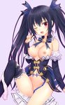  ;d banned_artist bare_shoulders black_hair black_legwear blush breasts detached_collar detached_sleeves dress dress_pull frilled_sleeves frills hair_ribbon highres long_hair long_sleeves looking_at_viewer medium_breasts n.g. navel neck_ribbon neptune_(series) nipples no_bra no_panties noire one_eye_closed open_mouth outline panties panties_around_one_leg pink_panties playing_with_own_hair red_eyes ribbon sitting smile solo thighhighs twintails underwear very_long_hair 