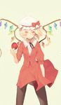  apple bad_id bad_pixiv_id black_legwear blonde_hair bow flandre_scarlet food fruit hat hat_bow misoni_comi pantyhose red_eyes side_ponytail solo touhou wings 