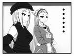  bad_id bad_pixiv_id contemporary detached_sleeves diana_(league_of_legends) earrings greyscale hat headband jewelry league_of_legends monochrome multiple_girls oldlim syndra 