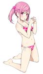  bad_id bad_pixiv_id barefoot bikini blush breasts cleavage fingernails front-tie_top hands_clasped highres interlocked_fingers kneeling looking_at_viewer medium_breasts navel nnyu open_mouth original own_hands_together pink_eyes pink_hair short_hair side-tie_bikini smile solo swimsuit twintails white_background 
