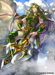  1boy armor brick_wall castle commentary_request dragon dragon_riding fire_emblem fire_emblem:_seisen_no_keifu fire_emblem_cipher greaves green_armor green_footwear green_hair grey_pants hand_on_hip holding holding_spear holding_weapon long_hair male_focus muscle nintendo official_art pants pauldrons polearm scales shoulder_armor sidelocks smirk smug spear standing trabant_(fire_emblem) wall weapon wyvern yellow_eyes yoneko_okome99 