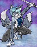  canine clothing crouching demon female fenrir fenris fluff fluffy fluffy_tail frost frozen_over handpaws hands hindpaw ice jeans mammal multiple_tails paws shackles shirt solo tails tank_top weapon wolf 