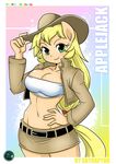  anthro anthrofied applejack_(mlp) blonde_hair breasts cleavage clothed clothing cowboy_hat equine female freckles friendship_is_magic green_eyes hair hand_on_hip hat horse jacket looking_at_viewer mammal my_little_pony navel pony shirt short_skirt skirt skyraptor solo 