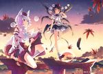  animal_ears autumn_leaves bad_id bad_pixiv_id black_hair detached_sleeves feathers geta h2so4 hat inubashiri_momiji multiple_girls pom_pom_(clothes) red_eyes shameimaru_aya short_hair skirt tengu-geta tokin_hat torii touhou white_hair wolf_ears 