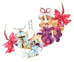  armor blonde_hair bow choker commentary_request exdeath final_fantasy gap hair_bow hat hat_bow long_hair purple_eyes ribbon_choker shiroma_(mamiko) touhou traditional_media v watercolor_(medium) yakumo_yukari 