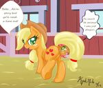  anal anal_insertion anal_penetration anal_vore applejack_(mlp) babs_seed_(mlp) barn blonde_hair brown_fur cowboy_hat cub cutie_mark dialog duo english_text equine female feral freckles friendship_is_magic fur green_eyes hair hat horse insertion inside kyokimute lesbian mammal my_little_pony orange_fur penetration pony pussy standing text two_tone_hair vorarephilia vore young 