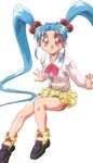  arm_support blue_hair collared_shirt hair_bobbles hair_ornament kerchief long_hair long_sleeves looking_at_viewer masaki_sasami_jurai red_eyes shirt sidelocks simple_background skirt solo tareme tenchi_muyou! twintails very_long_hair white_background white_shirt yellow_skirt 