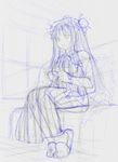  cup dress hat kasuga_yukihito long_dress long_hair monochrome patchouli_knowledge sitting sketch solo striped teacup touhou traditional_media vertical_stripes 