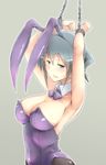  animal_ears armpits arms_up bdsm blue_eyes blue_hair blush bondage bound bow bowtie breasts bunny_ears bunny_girl bunnysuit chain chained cleavage cuffs detached_collar fishnets grey_background hidamari_sketch kagami_uekusa large_breasts nori open_mouth pantyhose short_hair simple_background solo tail 