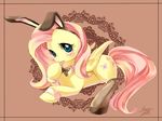  blue_eyes blush bow_tie clothing cuff_links cutie_mark equine female feral fluttershy_(mlp) friendship_is_magic fur hair horse legwear long_hair looking_at_viewer mammal my_little_pony open_mouth pegasus pink_hair pony pose solo soukitsubasa stockings wings yellow_fur 