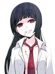  black_hair blood blood_on_face blood_stain breasts cleavage empty_eyes grin long_hair looking_at_viewer medium_breasts necktie nosebleed open_clothes open_shirt original red_eyes shirt smile solo torigoe_takumi 