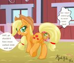  anal anal_insertion anal_penetration anal_vore applejack_(mlp) babs_seed_(mlp) barn blonde_hair brown_fur cowboy_hat cub cutie_mark dialog duo english_text equine female feral freckles friendship_is_magic fur green_eyes hair hat horse insertion inside kyokimute lesbian mammal my_little_pony orange_fur penetration pony pussy standing text two_tone_hair vorarephilia vore young 