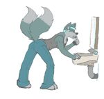  bend_over bent_over blue_hair breasts butt canine clothing ear_piercing female fenni fenrir fenris frozen_over fur green_eyes grey_fur hair hand_paws handpaws hands hindpaw jeans mammal mirror multiple_tails pawpads paws piercing plain_background shirt short_hair sink solo tails tank_top white_background wolf 