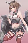  bare_shoulders breasts brown_hair gloves headgear kantai_collection large_breasts looking_at_viewer midriff miniskirt mutsu_(kantai_collection) navel ray-akila red_legwear short_hair skirt solo white_gloves 
