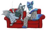  blush breasts canine clothing couple drugs duo female fenni fluff fluffy fluffy_tail frozen_over grin hindpaw hyena jeans male mammal marijuana multiple_tails pants paws pot sexyspots shirt smoke smoking sofa spots spotted spotted_hyena tails tank_top wolf 