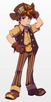  belt_buckle blue_eyes braxton_barson brown_hair buckle candy cryamore food gloves goggles goggles_on_head hand_on_hip hat male_focus official_art pinstripe_pattern robert_porter solo striped vest 