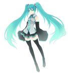  aqua_eyes aqua_hair asc_(sfhiro) detached_sleeves hatsune_miku highres long_hair necktie simple_background skirt sleeves_past_wrists solo thighhighs twintails very_long_hair vocaloid white_background 