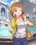  artist_request belt blonde_hair bracelet coin earrings idolmaster idolmaster_million_live! jewelry long_hair momose_rio official_art one_eye_closed purple_eyes real_world_location rome trevi_fountain umbrella 