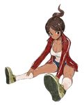  asahina_aoi black_eyes breasts brown_hair cleavage danganronpa danganronpa_1 dark_skin full_body gym_shorts hair_ornament hairclip imigimuru jacket large_breasts ponytail shorts sketch solo stretch track_jacket 