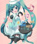  apron aqua_eyes aqua_hair beamed_eighth_notes dress eighth_note frying_pan hat hatsune_miku long_hair musical_note shinyae smile solo spatula twintails vocaloid 