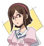  brown_eyes brown_hair glasses gundam gundam_build_fighters hair_ornament hairband kousaka_china looking_at_viewer open_mouth red-framed_eyewear saion school_uniform short_hair simple_background sketch solo 