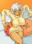  blazblue blazblue:_chronophantasma blush breasts bullet_(blazblue) chips covered_nipples food grey_hair highres iron_tager large_breasts naked_sweater potato_chips ribbed_sweater scar short_hair solo sweater thighs turtleneck yellow_eyes yoshitsuki 