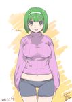  :d bike_shorts blush breasts dated fang green_eyes green_hair hairband highres inoue_sora large_breasts midriff navel open_mouth original ribbed_sweater short_hair signature smile solo sweater thigh_gap turtleneck 