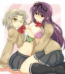  2girls blush bow bra breast_press breasts brown_hair glasses green_hair hair_ribbon holding_head imu_(senran_kagura) incest large_breasts long_hair multiple_girls murasaki_(senran_kagura) open_mouth parted_lips purple_eyes purple_hair ribbon school_uniform senran_kagura senran_kagura_(series) senran_kagura_shinovi_versus short_hair siblings sisters teardrop tears underwear wink yuri 