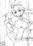  alternate_costume animal_ears between_breasts blazblue blush breasts breasts_outside cleavage contrapposto curtain_grab curtains detached_sleeves greyscale head_tilt large_breasts makoto_nanaya monochrome necktie necktie_between_breasts nipples panties sad sakula short_hair solo squirrel_ears squirrel_tail standing tail underwear 
