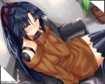  1girl android black_hair blush brown_dress brown_eyes brown_sweater commentary_request couch dress dutch_angle fate/grand_order fate_(series) hair_ribbon hand_to_own_mouth highres katou_danzou_(fate/grand_order) long_hair looking_at_viewer off-shoulder_dress off-shoulder_sweater off_shoulder plant potted_plant purple_ribbon ribbon robot_joints sebire sitting sleeves_past_wrists smile solo sweater sweater_dress twitter_username 