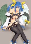  asymmetrical_wings bare_shoulders black_legwear blue_hair breasts detached_sleeves dizzy feathered_wings grey_background guilty_gear hair_ribbon hair_rings large_breasts long_hair looking_at_viewer namakemono_(u446644k) navel red_eyes revealing_clothes ribbon simple_background sitting skindentation smile solo tail tail_ribbon thighhighs thighs twintails wings 