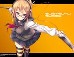  blonde_hair blush breasts character_name commentary_request fukai_ryousuke glasses green_eyes hood hood_down hoodie looking_at_viewer medium_breasts original school_uniform serafuku short_hair simple_background skirt sleeveless sleeveless_hoodie socks solo striped striped_legwear sumitsuyu_sumiro thighhighs weapon 