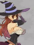  bare_shoulders breasts cleavage detached_sleeves dragon's_crown hat hat_tug imigimuru large_breasts long_hair red_hair smile solo sorceress_(dragon's_crown) witch_hat 